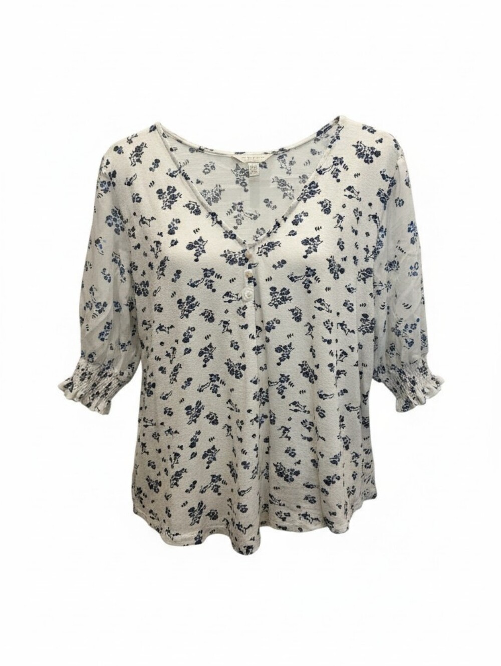 Lucky Brand Woman's Large Floral V Neck Top Sheer Sleeves Button Front